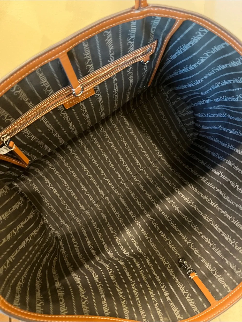 Tory Burch Black Leather Tote with Brown and White Center Stripe